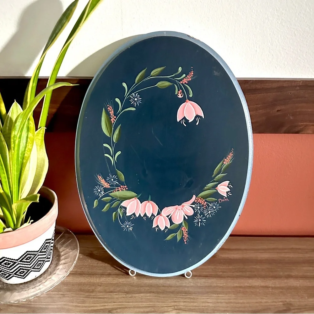 Hand Painted Flowers Wood Wall Plaque Oval Vintage Floral Folk Art Elaine Boho